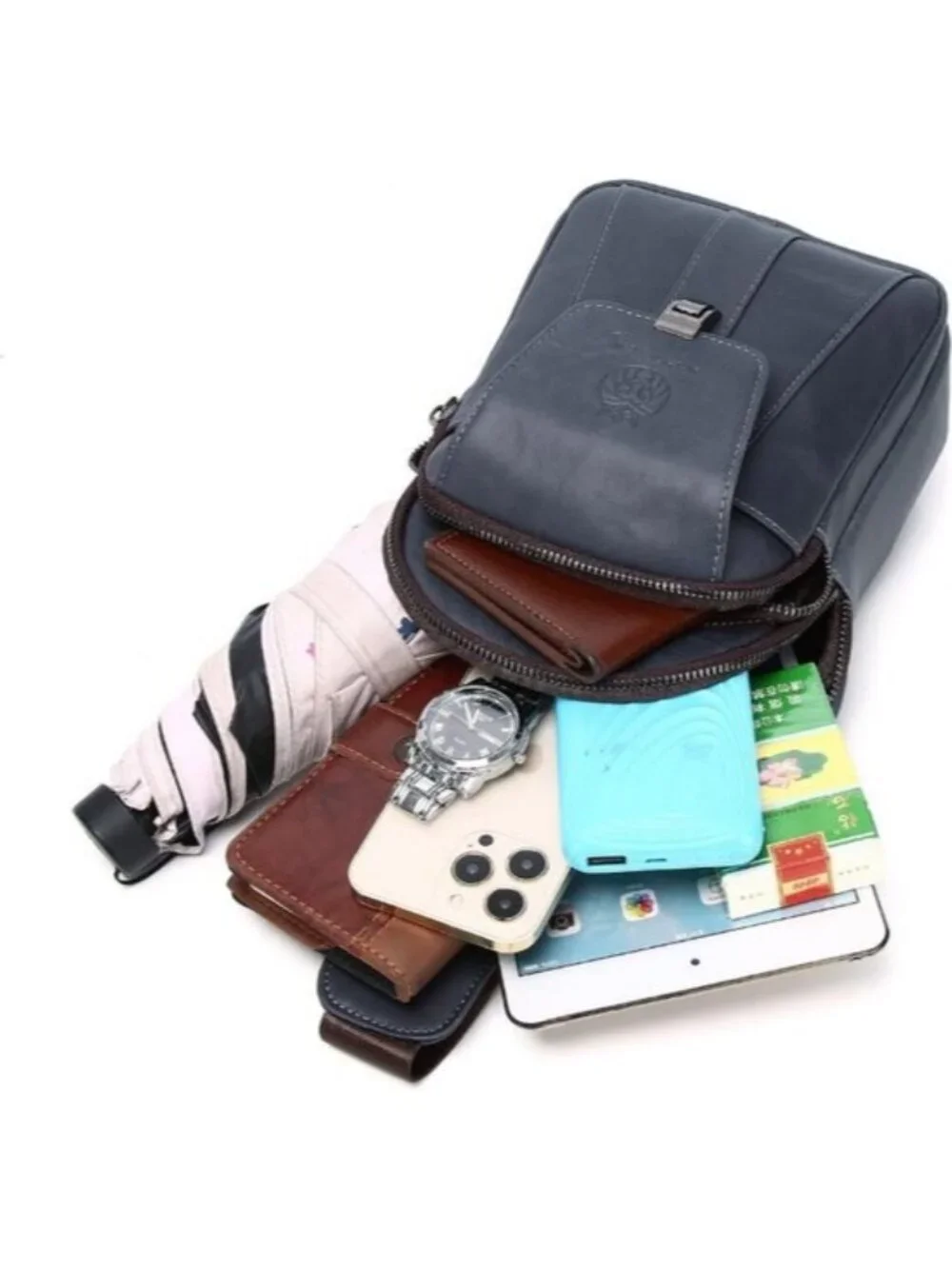 Men's Genuine Leather Sling Bag Crossbody Chest Pack Earphone Port Fits iPad